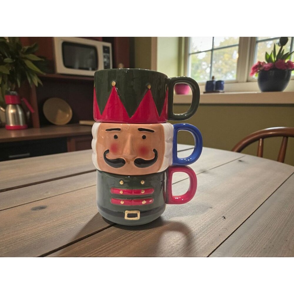 New GRN Solider Nutcracker Christmas 3 Stacking Coffee Tea Mug Cup W/ Handle
